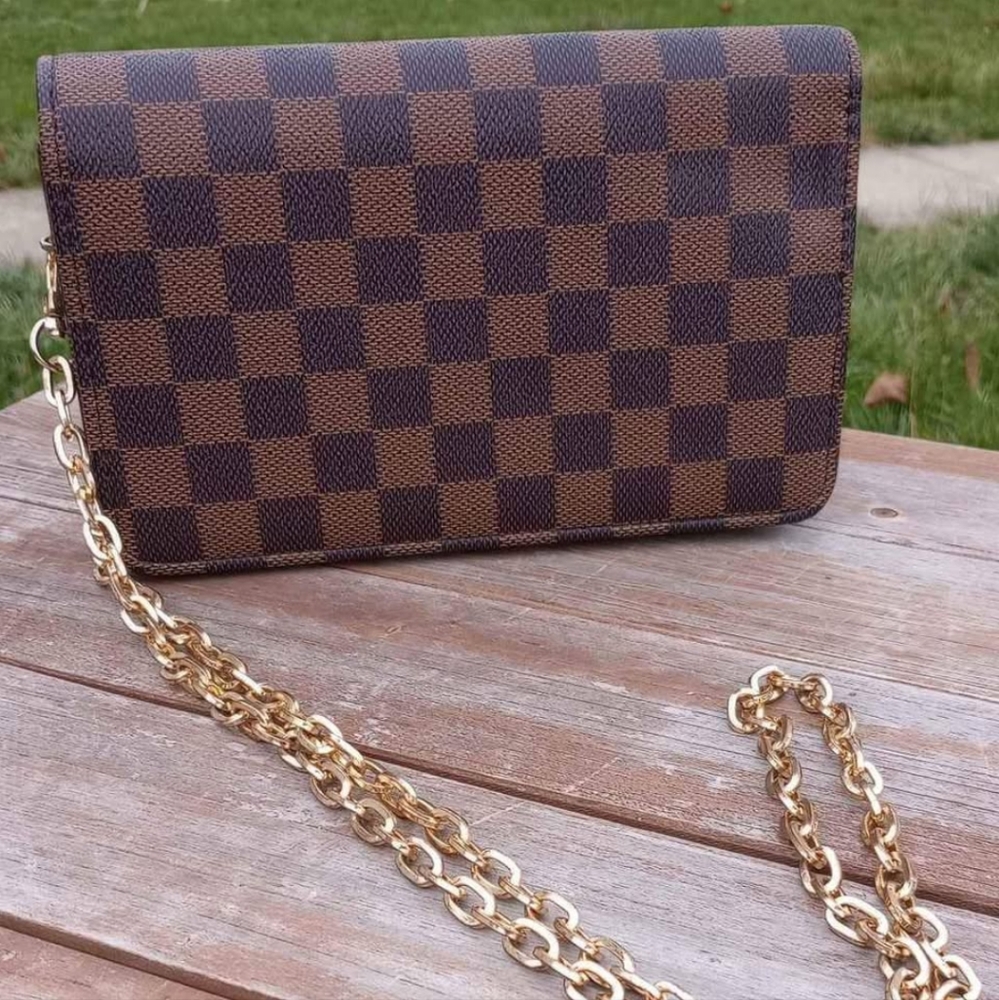 Brown Checkered AndGold Chain Crossbody Bag